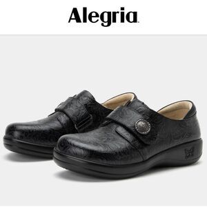 Alegria JOLEEN Black Tooled Floral Leather Slip On Adjustable Strap Support Clog